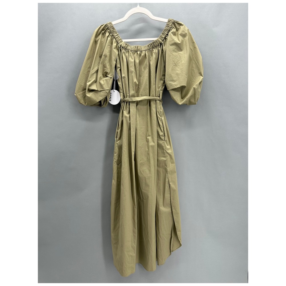 STAUD Reese Dress Khaki Puff Sleeve Midi Cotton Size XS Capsule Minimalist NEW - Picture 3 of 12